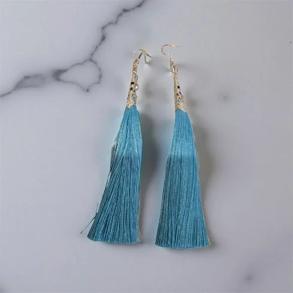 Turquoise Blue Tassel Earrings 3 in. long - Picture 2 of 3